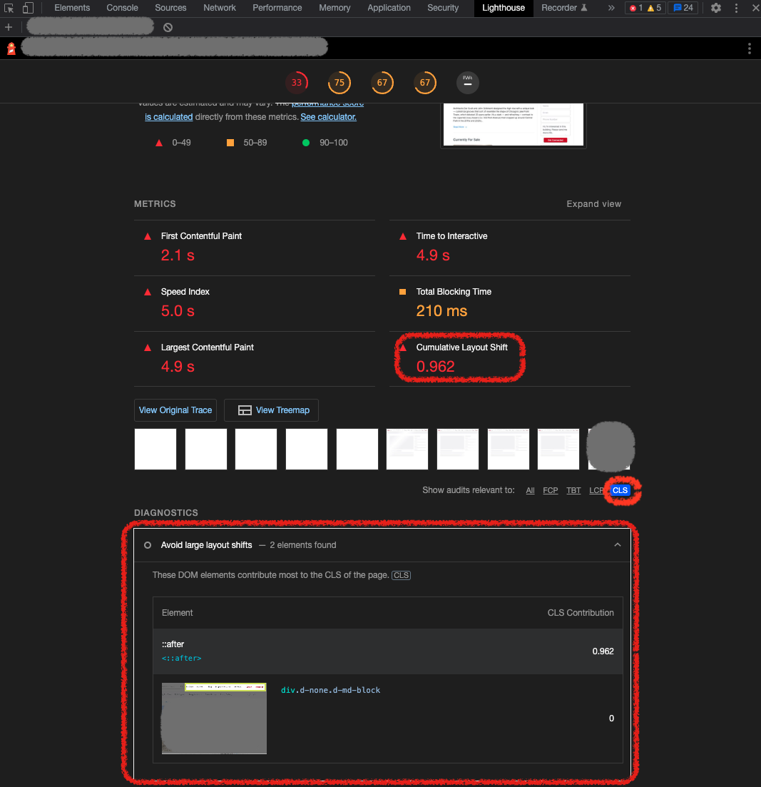 Lighthouse debugging for Cumulative Layout Shift (CLS)